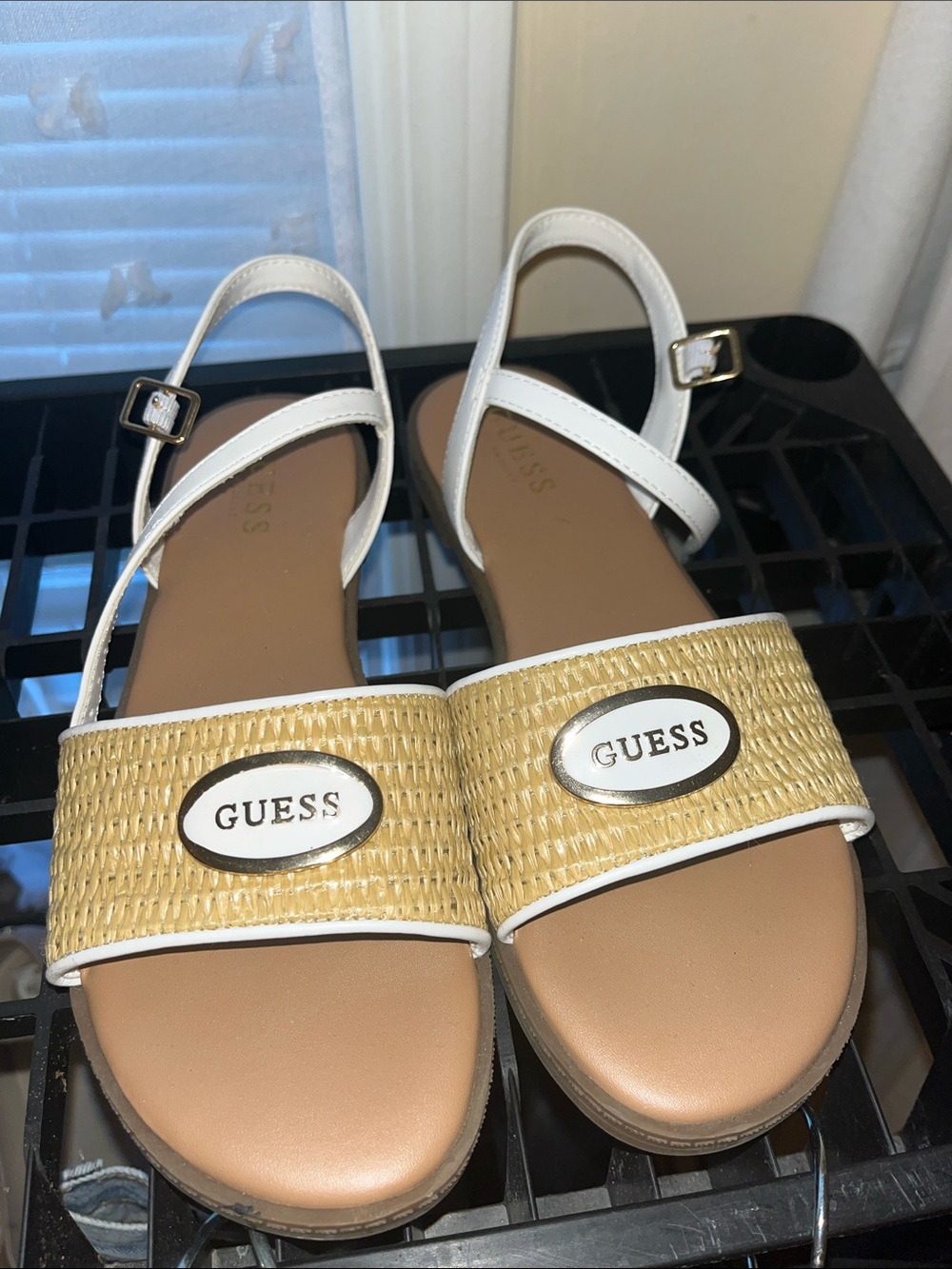 Guess White and Natural Straw Slide Sandals with Gold Logo